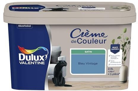 Dulux Valentine Crème de Couleur - Peinture multi-supports intérieure - Satin Bleu Vintage 2,5 L