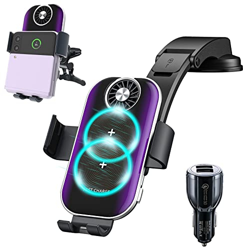Dual Coils Wireless Car Charger Qoosea 15W Qi Fast Charging Auto-Clamping Car Mount for Air Vent & Dashboard, Car Phone Holder Compatible with Samsung Galaxy Z Flip 4/3/2, iPhone 14 Google LG