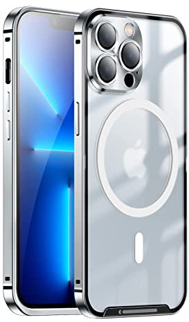 Cbincn Metal Frame Camera Lens Protector Case for iPhone 14, Magnetic Adsorption Metal Bumper Back Translucent Matte PC Cover, 360 Full Body Protection Case for iPhone 14 Pro Max Silver