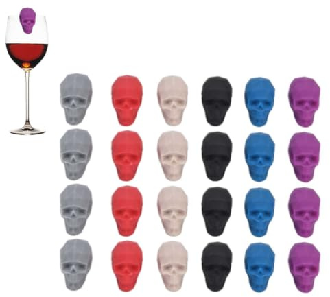 Beufee 24 Stück Silikon-Getränkemarker, Totenkopf-Glasmarker, Halloween-Weinmarker, Weinglas-Anhänger, Marker Farbige Weinglas-Anhänger Trinkglas-Identifikationsetiketten für Champagner-Cocktails