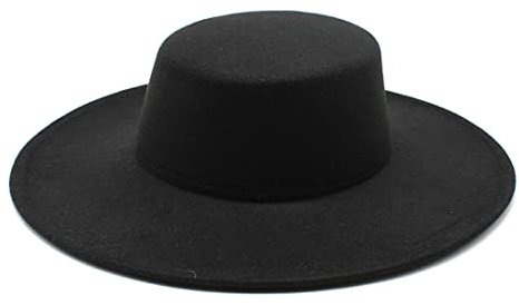 Französischer Damenhut, große breite Krempe, 10 cm, Fedora-Hut, Winter, Wolle, Derby, Hochzeit, Jazz, Hut, flache Oberseite, Filzmütze, schwarz01, 56–58 cm