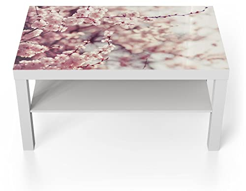 DEQORI Glastisch | weiß groß 90x50 cm | Motiv Kirschblütenzweige | ausgefallener Beistelltisch aus Glas | Hochglanz Couchtisch fürs Wohnzimmer | moderner Couch Tisch mit Design