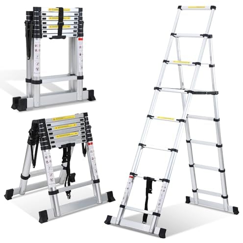 Lospitch 2M+2.3M Teleskopleiter Klappleiter, Rutschfester Aluleiter Mehrzweckleiter Ausziehbare Leiter, A-Rahmen 6+7 Sprossen Aluminiumleiter, 150 kg Tragfähigkeit