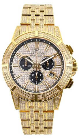 LOUIS XVI Majesté Iced Out 1123 - Ø 43 mm - Herren Uhr - Wasserdicht - Saphirglas - Armband Gold Iced - Zifferblatt CZ-Diamanten - CH Quarzwerk