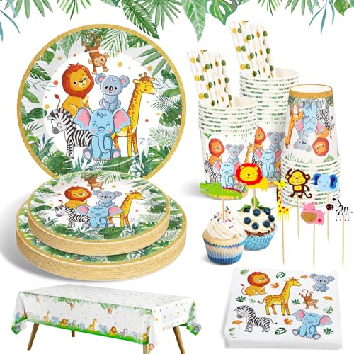 Ophy Jungle Safari Theme Tableware Set | 134Pcs Disposable Paper Plates, Napkins, Cups - Safari Party Decorations, Kids Birthday Party Supplies, Animal Tableware, Baby Shower Plates Set