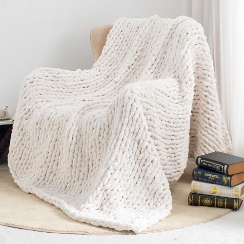 LONG CREATE Chunky Knit Throw Blanket 60X 80, 100% Handmade with Soft Chenille Yarn, 6.7lbs Thick Cable Knitted Blankets, Large Rope Knot Crochet Throws for Couch Sofa Bed Home Decor, Cream White