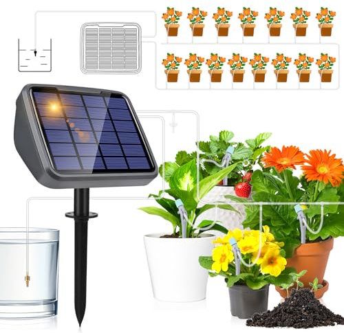 Irrigazione Automatica Energia Solare, Diealles Shine 3600 mAh Set di Irrigazione Automatica con 15 Gocciolatori e 15M Tubo, Kit Irrigazione a Goccia per Piante in Vaso da Giardino Verdure Serra