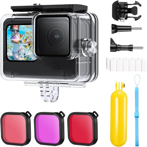 K&F Concept 60M/196FT Wasserdichtes Gehäuse mit Filter für Go Pro Hero12/ Hero11/ Hero10/ Hero 9, Zubehör Set mit Schwimmender Handgriff, Schnellverschluss-Halterung/Schrauben, Frostbeulen