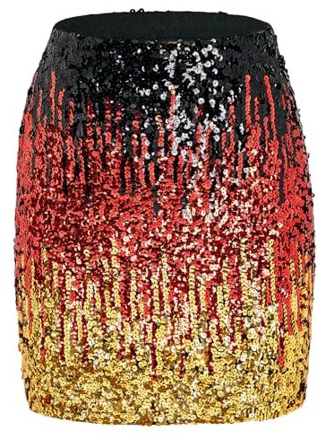 Durio Pailettenrock Für Damen Glitzer Rock Kurz Damen Sexy Midi Skirt Hüftrock mit Elastische Taille Party Rave Outfit Schwarz/Rot/Gold L