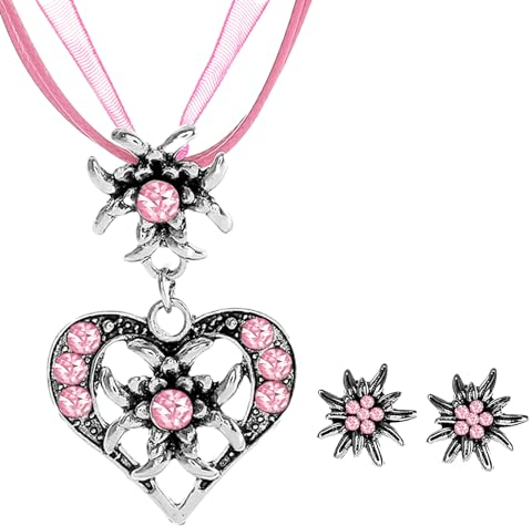 APMGONT 3 Stück Bayerisch Dirndlschmuck Set für Damen, Trachtenkette mit Strass Edelweiß Herz Anhänger Edelweiß Ohrstecker Trachtenschmuck Set für Oktoberfest Bierfest Dirndl (Rosa)