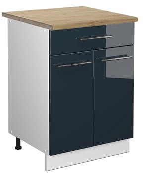 Vicco Küchenunterschrank Fame-Line, Dunkelblau Hochglanz/Weiß, 60 cm mit Schublade, AP Eiche