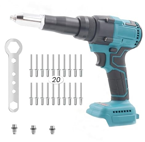 Rivettatrice a batteria compatibile con Makita 18V batteria, Pistola rivettatrice elettrica senza spazzole con luce LED, 20 rivetti, 3 adattatori e chiave, Pinza rivettatrice (senza batteria)
