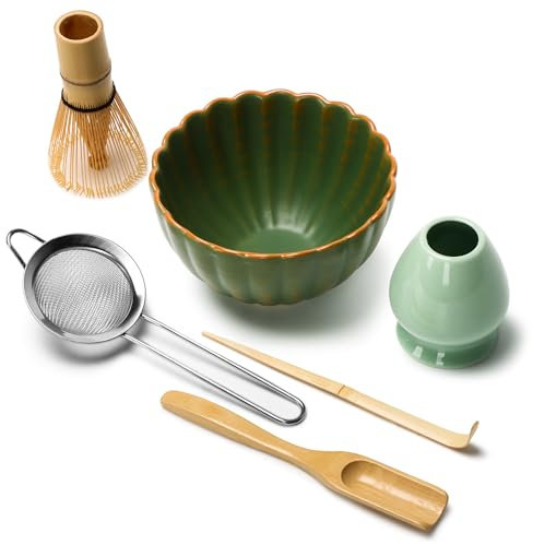 DiDiBirDi Matcha-Tee-Set aus Keramik, 6-Teiliges Japanisches Matcha-Schüsseln-Set, Matcha Schneebesen, Edelstahl Filter, Löffel aus, Schneebesen Stand (green)
