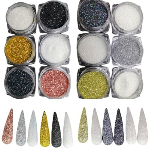 0.2MM Ultra Fine Nail Glitter Powder, Set of 12 Colors Holographic Black White Glitter,Cosmetic Iridescent Glitter for Eye,Face,Body,Makeup,Slime,Festival,Nail Art,Slime,Tumbler,Craft,Resin (Set-D)