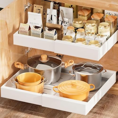 Sprifityy 2 pièces Tiroir Coulissant Cuisine,organisateur d'armoire coulissante en acier au carbone,tiroirs coulissants extensibles,largeur réglable de 32 à 52 cm,sans perçage, clouage requis (blanc)