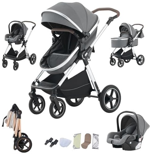 Shineey kinderwagen 3 in 1 Buggy Babybett Komplett Set Einem Klick Zusammenklappbarer Kinderwagen, 3 in 1 KombiKinderwagen Aluminiumrahmen für Neugeborene (D2-DEEPGREY, H2-D)
