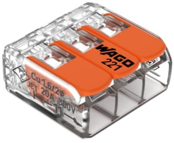 WAGO, S221 Hebelklemme, 5er-Pack, 3 Eingänge, schnelle und zuverlässige elektrische Verbindung, kompatibel mit starren, halbstarren, flexiblen Drähten 0,5 – 6 mm², Spannung 450 V, Strom 41 A