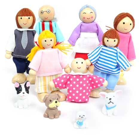 DUOCIYUAN Puppenhaus Puppen, 11 Stück Puppenhaus Figuren mit Katze und Hund Puppen Familie Set Holzpuppe Spielzeug für Kinder Puppenfamilien Biegepuppen für Minipuppen Zubehör Geschenk