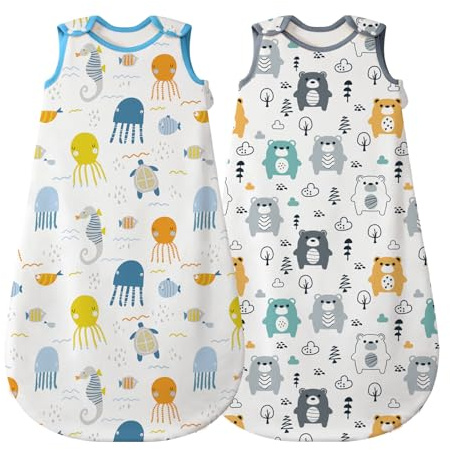 Mosebears Baby Schlafsack Sommer 2-Packung, Cute Animal Cartoon waschbare Decke 0,5 tog für Mädchen und Jungen, tragbare Decke ohne Ärmel Schlafsac (Bärenfisch, S (0-6 Monate))