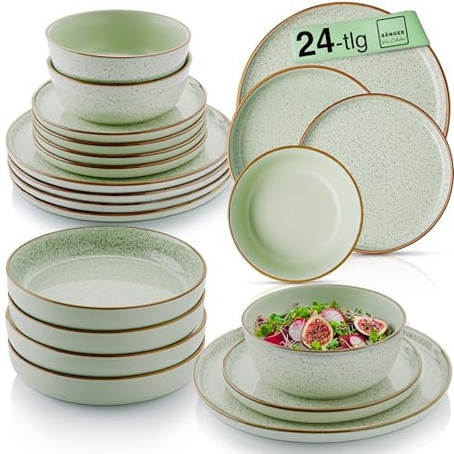 SÄNGER Rio Minze | Tafelservice 24 teilig, Steingut Geschirr Set 6 Personen, 6x Teller 6x Frühstücksteller 6x Tiefe Teller 6x Pastaschalen Geschirrset und Schale, mintgrün | VALUE COLLECTION
