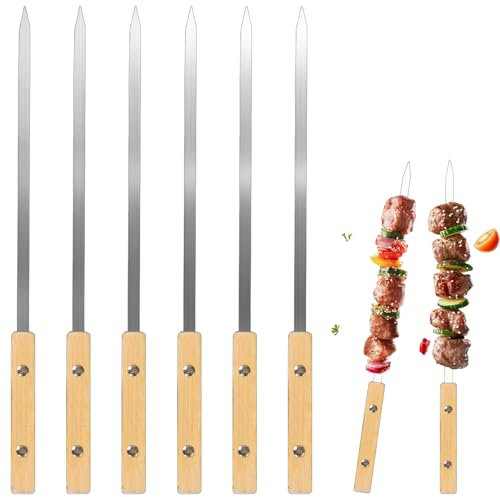 6 Stück Premium Grillspieße Edelstahl Schaschlikspieße 40cm Shish Kebab Holzspieße zum Grillen Wiederverwendbar Schaschlikschpieße Edelstahl Grill Spieße für Grillpartys Freien und im Gar