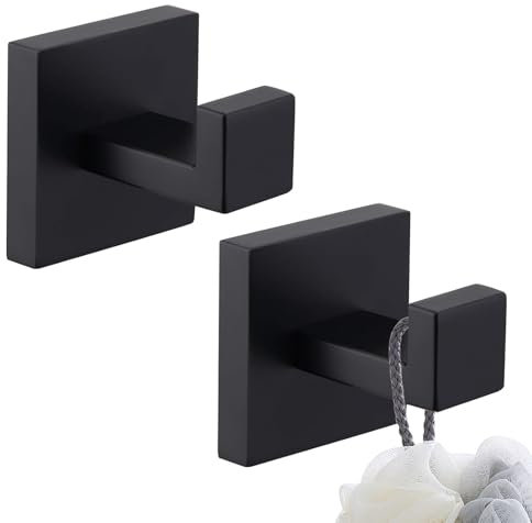 NCOALE Black Towel Hook, 2 PCS Square Bathroom Towel Hooks Heavy Duty Stainless Steel Coat Hook for Bathroom Hotel Door (Matte Black)