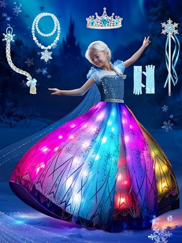 BLINGCOS Deguisement Fille, Robe Princesse Sync avec Rythme de Musique, Contrôlable par APP, Robe Lumineuse LED RGB Kit de Fête avec 6 Accessoires pour Halloween, Noël, Carnaval, 5-6 Ans