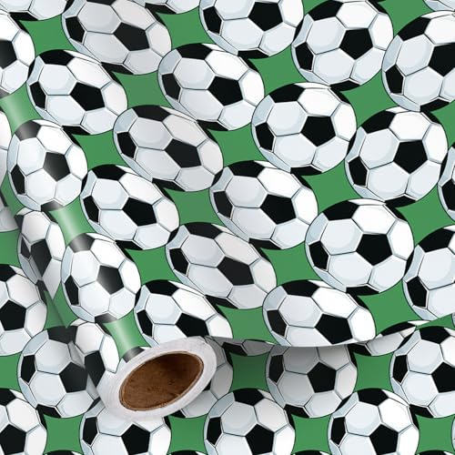RUSPEPA Fußball-Geschenkpapierrolle für Jungen, Mini-Rolle, klassisches Fußballmuster auf grünem Gras, Geschenkpapier für Sportgeburtstage und Spielpartys, 43,2 cm x 5 m