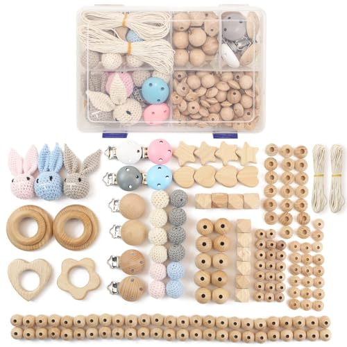 Artlatu 135 Stk Makramee Holzperlen Set - 24 stk 20mm Häkeln Perlen, 10stk Holzclip, 20m Bastelseilen für DIY Schmuck Herstellung Heimwerker Handwerk Makramee