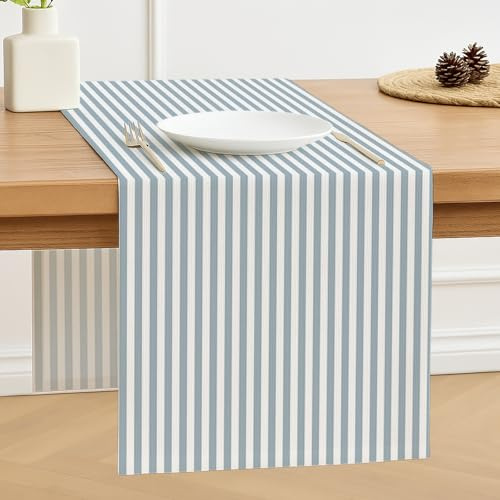 Luzzxfa Tischläufer Hellblau Streifen Modern Frühling Tischläufer Dekoration Tischdecke Tischdeko Outdoor Leinen Table Runner Abwaschbar für Hochzeit Esszimmer Party Urlaub Dekor 33 x 183 cm