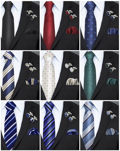 Chicingyou 9 Silk Tie Set Men Silk Striped, Style 1, Solid Color