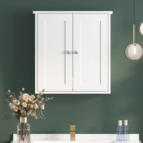 KEEPREAPER Wandmontierter Badezimmerschrank 58x56cm – Feuchtigkeitsfester Holzschrank mit 2 Türgriffen, Großem Stauraum & Einzigartigem Design (Weiß)
