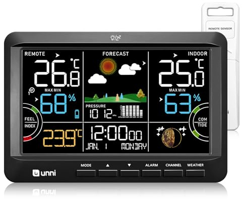Weather Station Indoor Outdoor Thermometer Wireless, Home Atomic Clock with Large Color Display, Dew Heat Point, Barometer Black