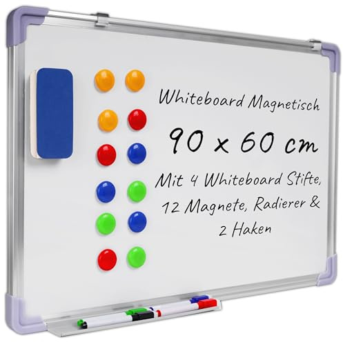 KRUMAD Whiteboard Magnetisch 90x60cm - Magnettafel mit Zubehör - Abwischbare Schreibtafel mit Metallrahmen - Inkl. 4 Whiteboard Stifte, 12 Magnete, Radierer & 2 Haken - Für Büro & Kinderzimmer