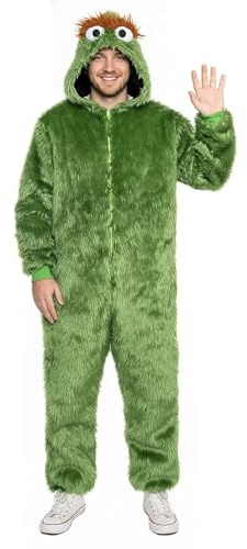 Maskworld Original Sesamstraße Oskar Kostüm für Erwachsene – Flauschiger Grüner Onesie mit Kapuze – Witziger Plüsch-Overall für Karneval, Fasching & Halloween