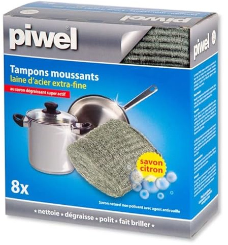Piwel Box mit 8 Scheuerpads für Seife, Zitrone, Stahlwolle, extra fein