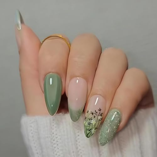 24Pcs Almond Press on Nails - Green French Tip Flower Design, Reusable Stick on Nails with 12 Sizes, No UV/LED Needed, Full Cover Acrylic Nail Art for Women & Girls