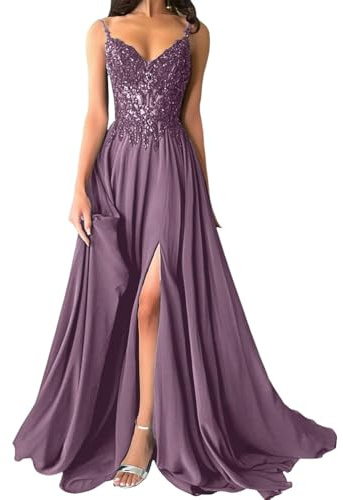 shownicer Abito Cerimonia Donna Vestito Lunghi Eleganti Matrimonio Abito da Sera in Chiffon Vita Alta Scollo A V Abiti in Pizzo Vestiti con Spacco