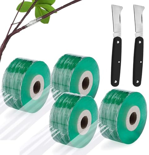 Veredelungsband, Veredelungsband Dehnbar, Selbstklebendes pfropfband,Baumschulen Band für Obstbäume mit 2 Gartenmesser für Garten Baum Sämling Grün, 4 Stück