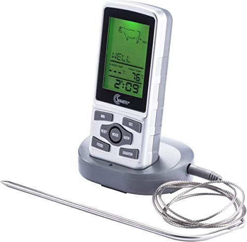 SUNARTIS - Funk Braten- und BBQ-Thermometer ME316 | 8 vorprogrammierte Speisen, 5 Garstufen & Timer | Kabellänge 100 cm, hitzebeständig bis 380°C | Zweifarbig beleuchtetes Display