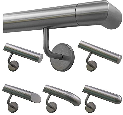 TIBU Handlauf Geländer Edelstahl Ø 42,4 mm - Länge 520 cm - Ende Ecke zur Wand und gewinkelte Halter - Rostfrei für Außen und Innen