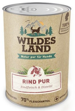 Wildes Land - Nassfutter für Hunde - Rind PUR - 6 x 800 g - mit Distelöl - Getreidefrei - Extra hoher Fleischanteil von 70% - Beste Akzeptanz und Verträglichkeit