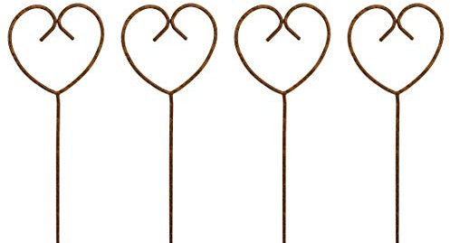 RUDDINGS WOOD Pack of 4 x 120cm Tall Natural Rust Metal Heart Design Flower Plant Support Stakes - Rusty Steel Tomato Sticks - Rustic Garden Border Stakes