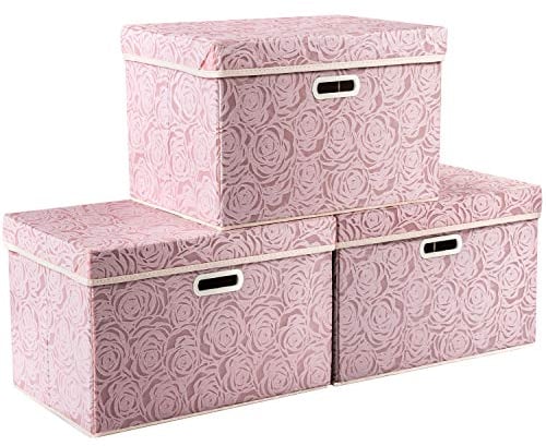 PRANDOM Größer Faltbare Aufbewahrungsboxen mit Deckel,Rosenmuster Stoff dekorative Aufbewahrungskörbe,Würfel,Organizer Behälter,Schlafzimmer,Schrank,Wohnzimmer.Rosa(3 Stück) 43x30x30cm