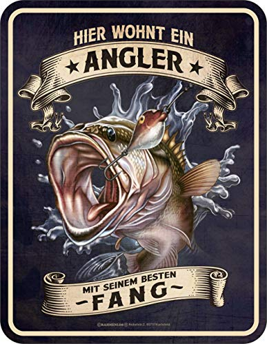 Deko Blechschild als Geschenk für Angler - Hier wohnt ein Angler mit seinem besten Fang