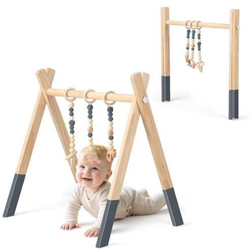 COSTWAY Portique d’Eveil, Arche de Jeux pour Bébé en Bois avec Jouets, Centre d'Activité Pliable, Cadeau de Naissance, 4 Couleurs Nature/Vert/Gris/Rose (Gris)