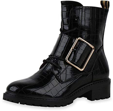 SCARPE VITA Damen Schnürstiefeletten Leicht Gefüttert Kroko-Optik Stiefeletten Schnallen Blockabsatz Schuhe Stiefel 197139 Schwarz Kroko 37