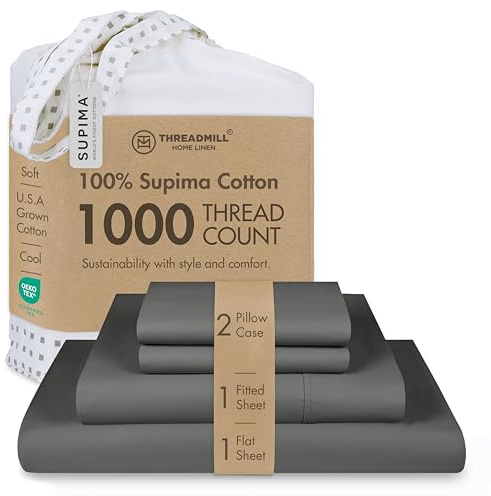 Threadmill Home Linen Bettwäsche-Set aus Reiner Supima-Baumwolle, Fadenzahl 1000, 4-teiliges Satingewebe, dunkelgrau, luxuriös, mit elastischer tiefer Tasche