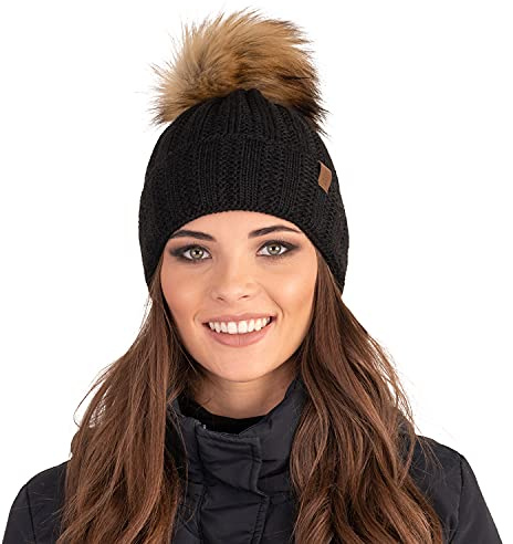 Vivisence Gorro para Damas con Pompón De Piel Sintética Hecho De Tejido Cálido Y Suave Ajuste Ideal para Invierno Y Actividades Al Aire Libre Talla Única Elegante 7019