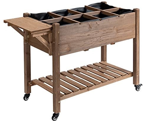 Outsunny Jardinière sur Pied - Potager sur roulettes - étagère, Tablette Rabattable, Inserts d'irrigation, Feutre de Drainage Inclus - Bois Sapin pré-huilé